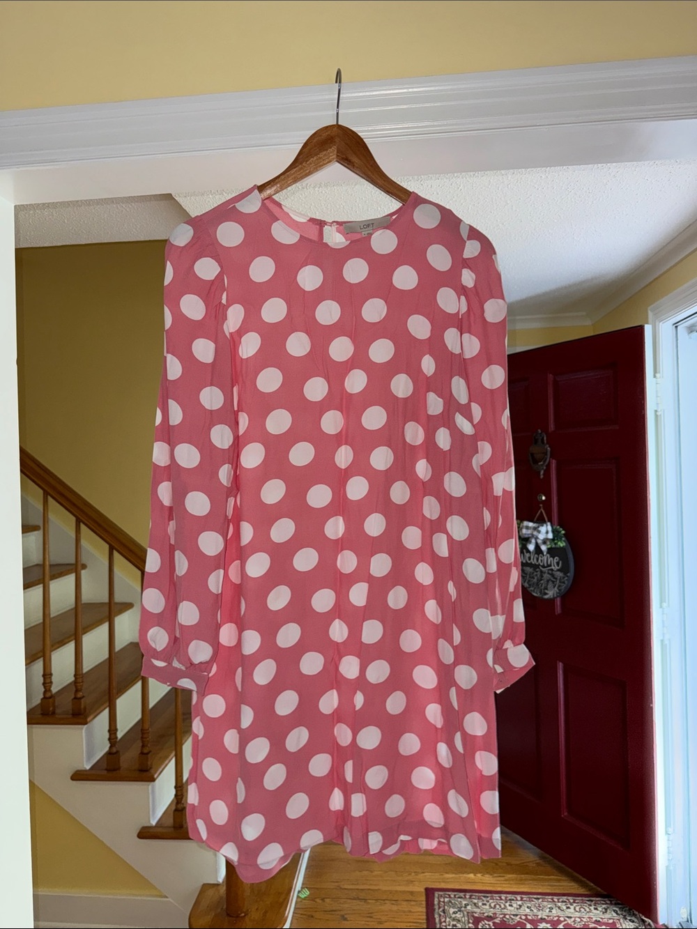 LOFT Pink and White Polka Dot Long Sleeve Shift Dress